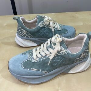 Tory Burch T Monogram Good Luck Trainer Sneakers Blue Celadon